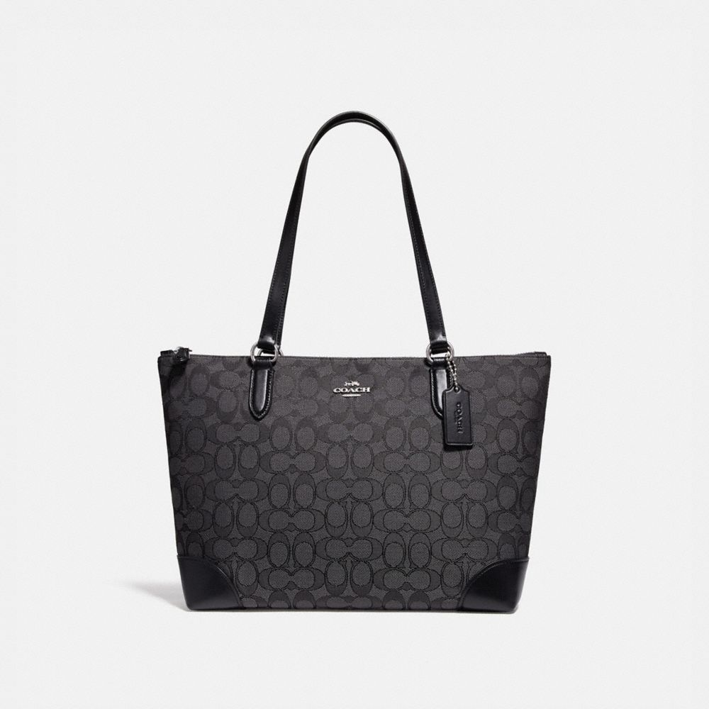 COACH F29958 ZIP TOP TOTE IN SIGNATURE JACQUARD BLACK-SMOKE/BLACK/SILVER