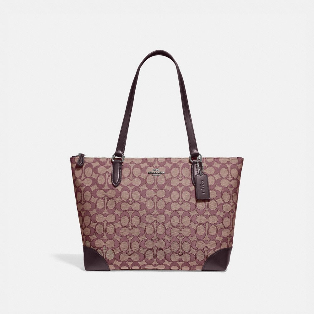 COACH F29958 ZIP TOP TOTE IN SIGNATURE JACQUARD SV RASPBERRY COACH HANDBAGS