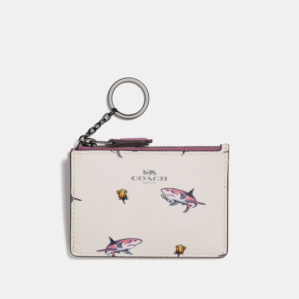 COACH MINI ID SKINNY WITH SHARK ROSE PRINT - BLACK ANTIQUE NICKEL/CHALK MULTI - f30038