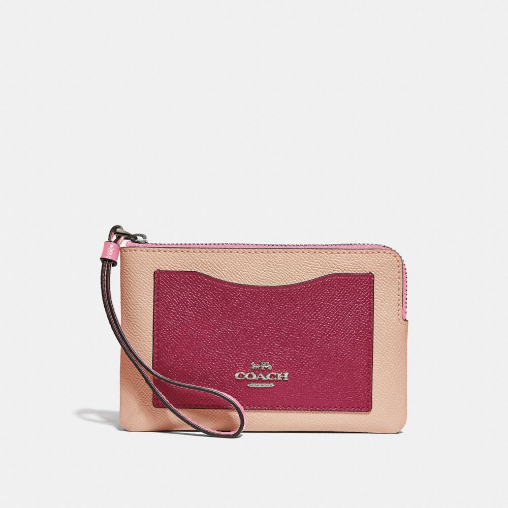 COACH F30048 CORNER ZIP WRISTLET IN COLORBLOCK SILVER/PINK-MULTI