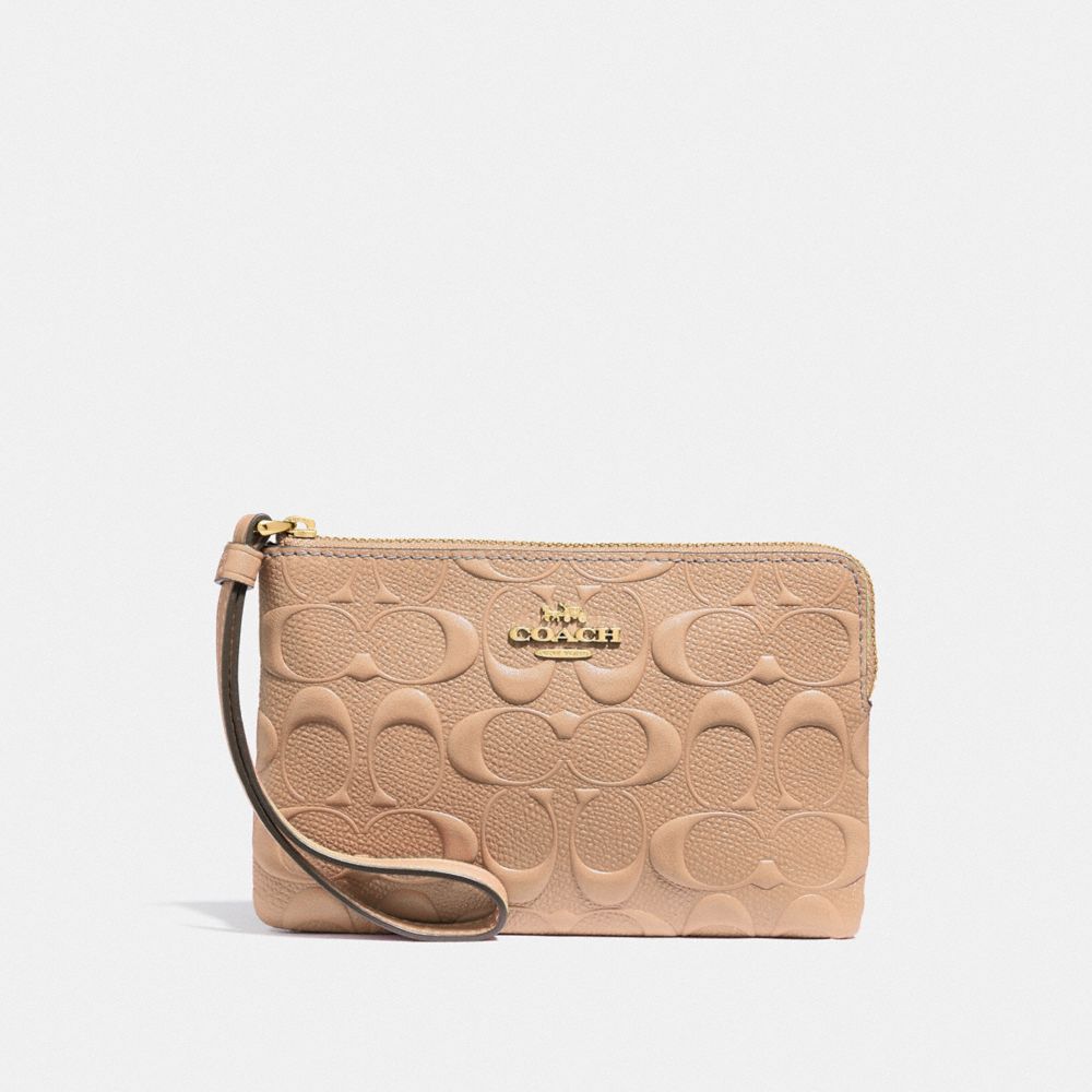 CORNER ZIP WRISTLET IN SIGNATURE LEATHER - f30049 - BEECHWOOD/light gold