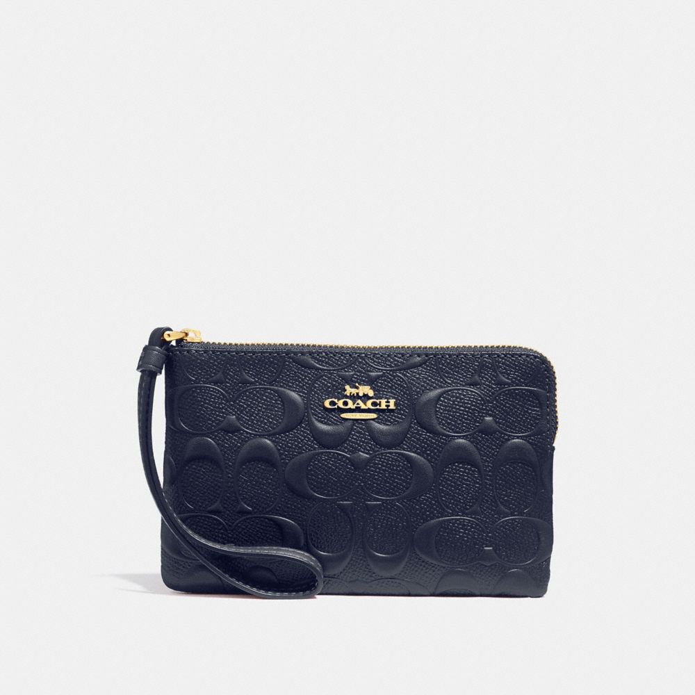 CORNER ZIP WRISTLET IN SIGNATURE LEATHER - f30049 - MIDNIGHT/IMITATION GOLD