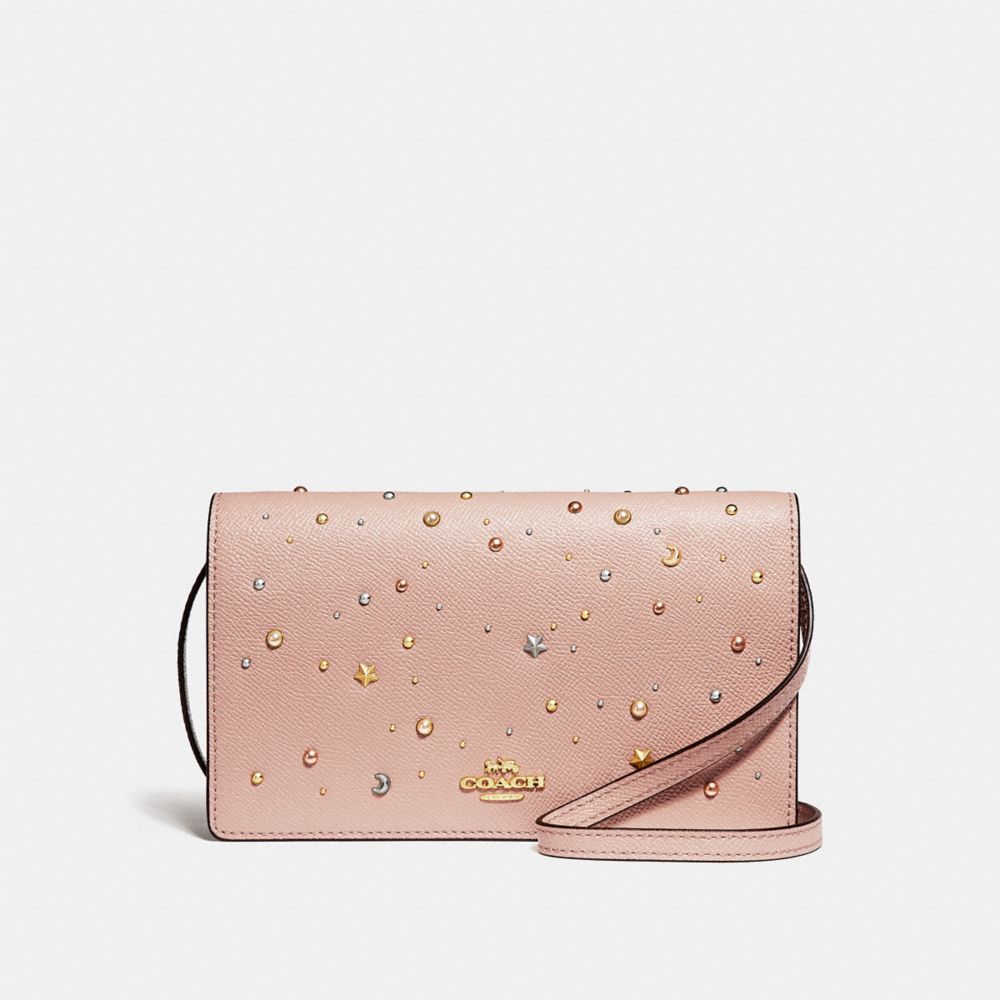 COACH f30050 FOLDOVER CROSSBODY CLUTCH WITH CELESTIAL STUDS nude pink/light gold