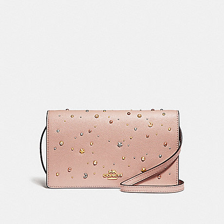 COACH f30050 FOLDOVER CROSSBODY CLUTCH WITH CELESTIAL STUDS nude pink/light gold