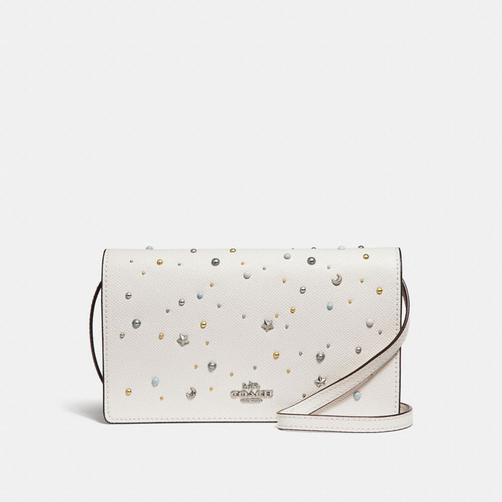 COACH f30050 FOLDOVER CROSSBODY CLUTCH WITH CELESTIAL STUDS SILVER/CHALK