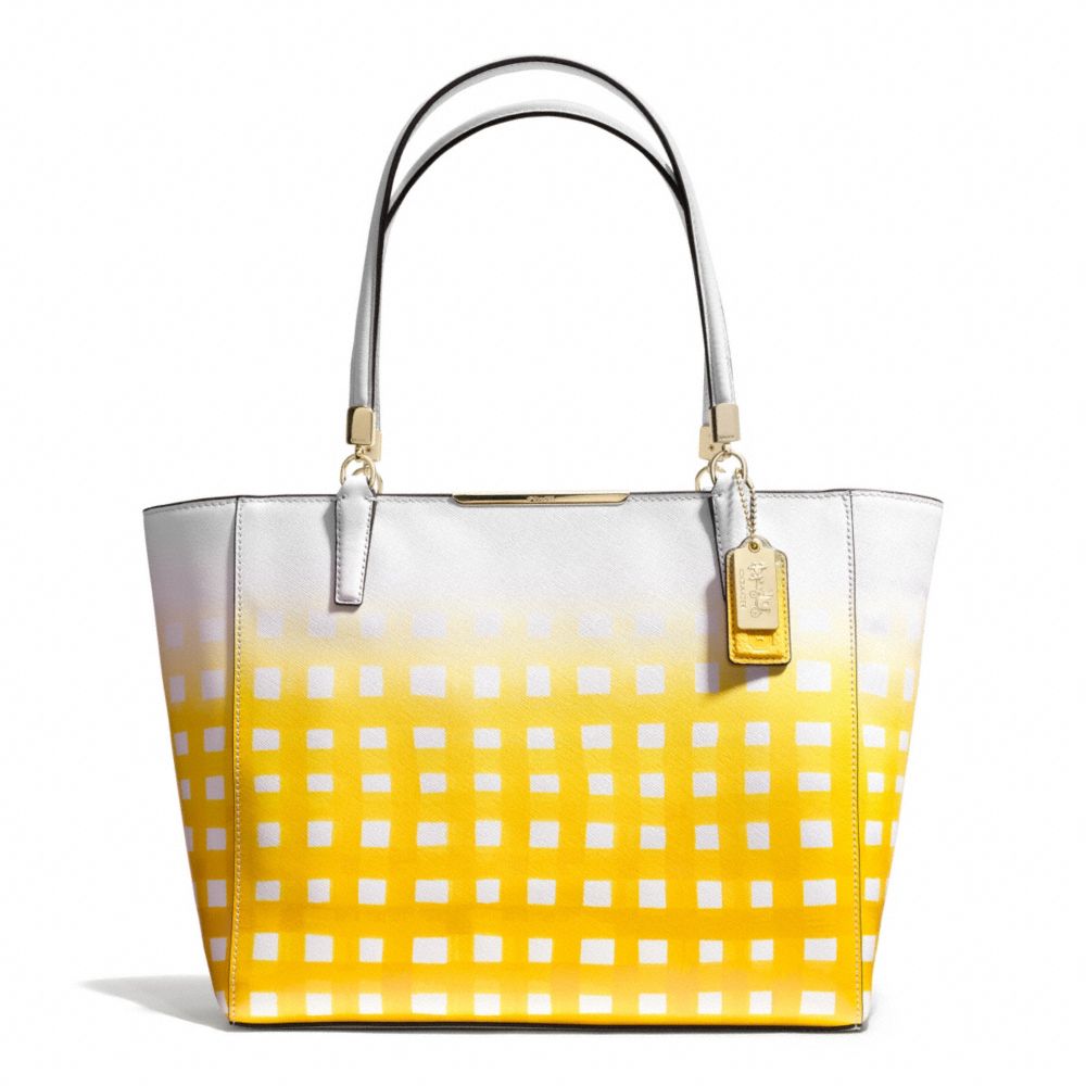 COACH F30118 Madison Gingham Saffiano East/west Tote LIGHT GOLD/WHITE/SUNGLOW