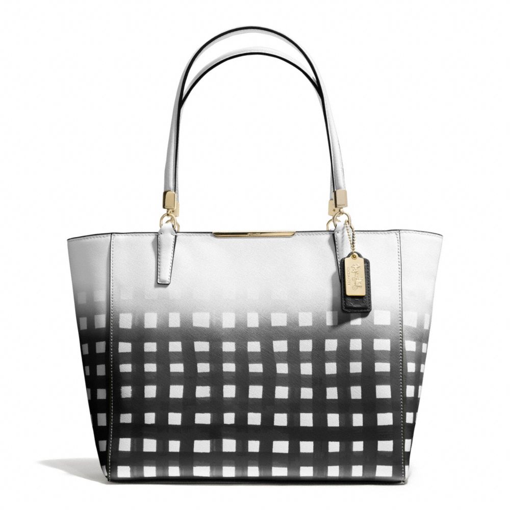 COACH F30118 MADISON GINGHAM SAFFIANO EAST/WEST TOTE LIGHT-GOLD/WHITE/BLACK