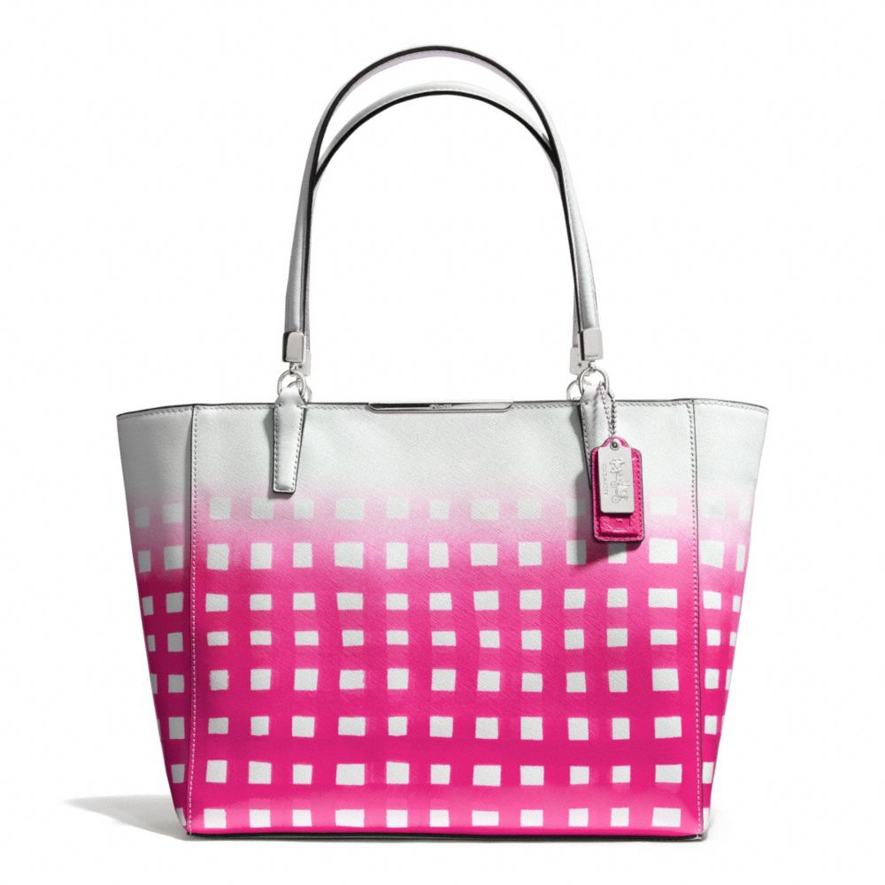 COACH F30118 Madison Gingham Saffiano Leather East/west Tote LIGHT GOLD/WHITE/PINK RUBY