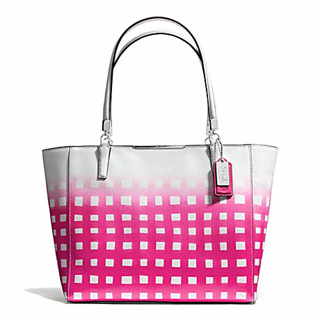 COACH f30118 MADISON GINGHAM SAFFIANO LEATHER EAST/WEST TOTE LIGHT GOLD/WHITE/PINK RUBY