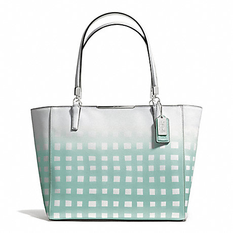 COACH f30118 MADISON GINGHAM SAFFIANO EAST/WEST TOTE SILVER/WHITE/DUCK EGG