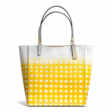 COACH F30120 MADISON GINGHAM SAFFIANO NORTH/SOUTH TOTE LIGHT-GOLD/WHITE/SUNGLOW