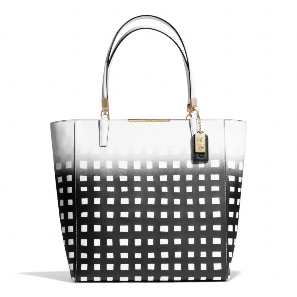 COACH F30120 MADISON GINGHAM SAFFIANO NORTH/SOUTH TOTE LIGHT-GOLD/WHITE/BLACK