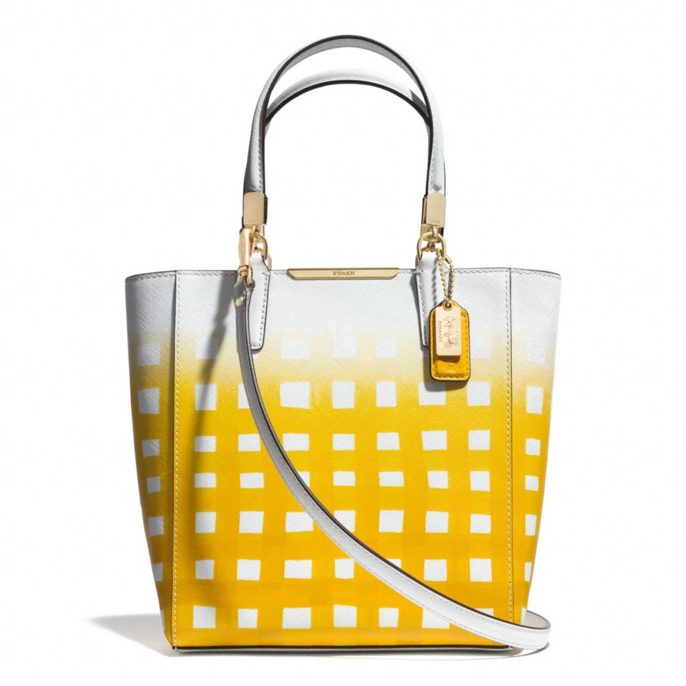 MADISON GINGHAM SAFFIANO LEATHER MINI NORTH/SOUTH TOTE - LIGHT GOLD/WHITE/SUNGLOW - COACH F30136