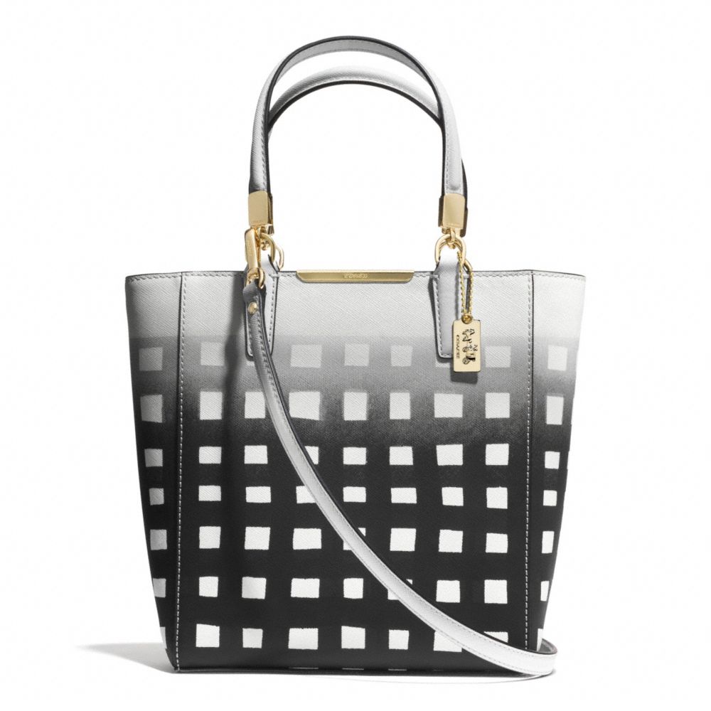 MADISON GINGHAM SAFFIANO LEATHER MINI NORTH/SOUTH TOTE - f30136 - LIGHT GOLD/WHITE/BLACK