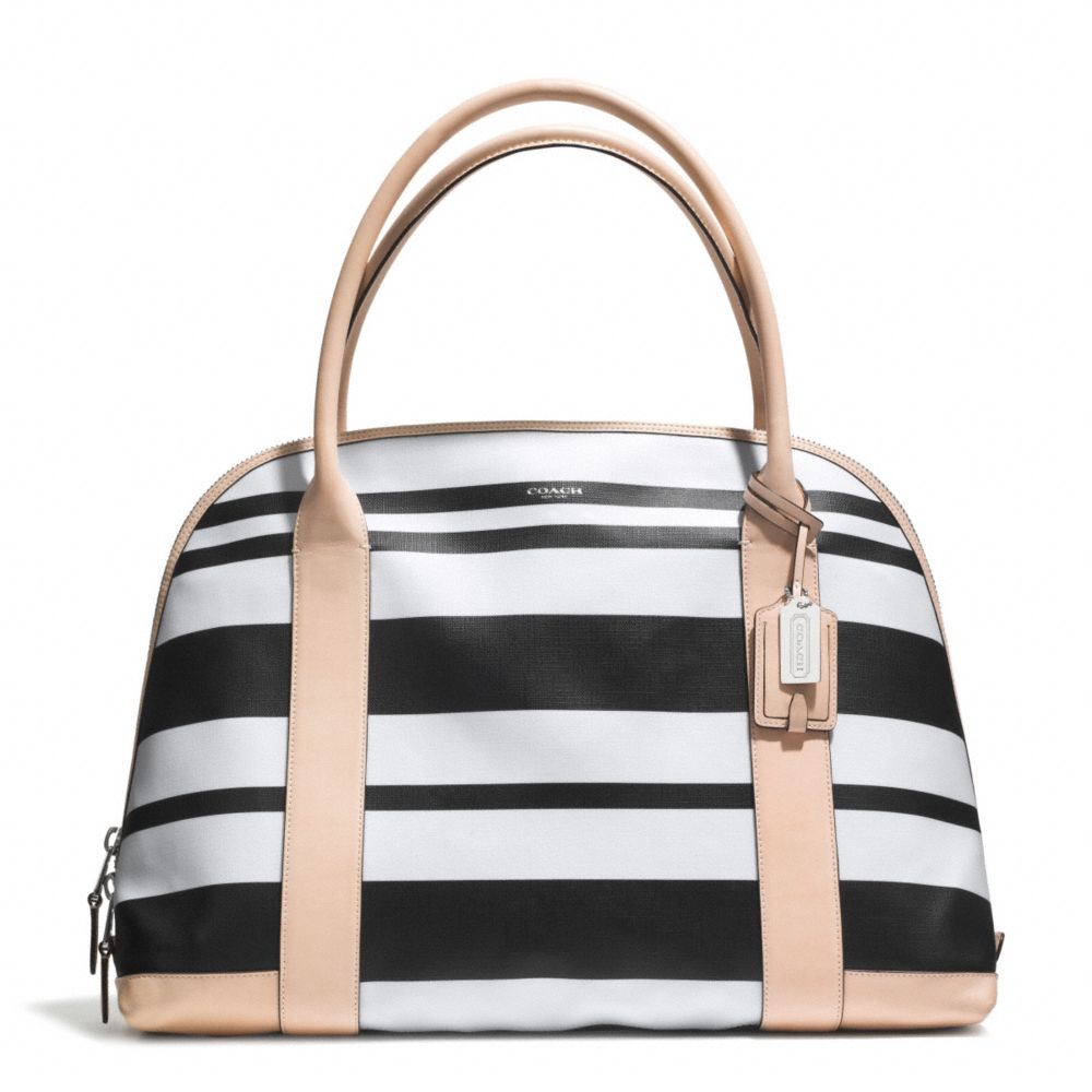 COACH f30173 BLEECKER STRIPED COATED CANVAS LARGE PRESTON SATCHEL SILVER/BLACK/WHITE