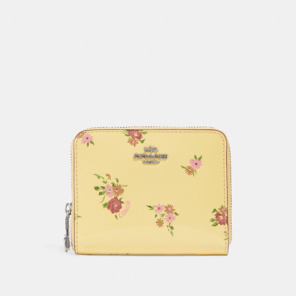 COACH F30183 Small Zip Around Wallet With Daisy Bundle Print VANILLA MULTI/SILVER