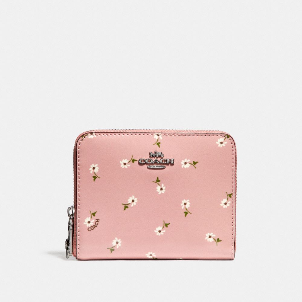 SMALL ZIP AROUND WALLET WITH DITSY DAISY PRINT - COACH f30184 -  vintage pink multi /silver