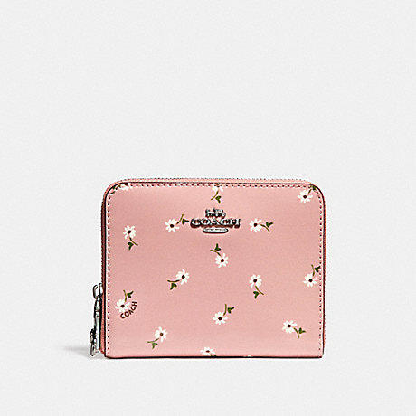 COACH f30184 SMALL ZIP AROUND WALLET WITH DITSY DAISY PRINT vintage pink multi /silver