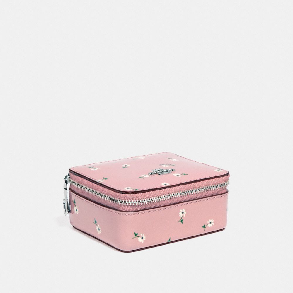 COACH f30214 JEWELRY BOX WITH DITSY DAISY PRINT AND BOW ZIP PULL vintage pink multi /silver