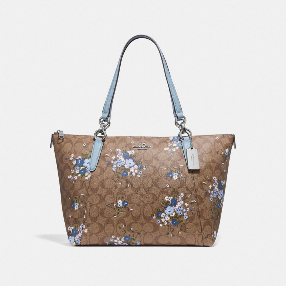 AVA TOTE IN SIGNATURE CANVAS WITH FLORAL BUNDLE PRINT - F30247 - KHAKI BLUE MULTI/SILVER