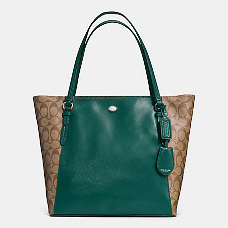 COACH PEYTON COATED CANVAS SAFFIANO TOTE - SILVER/KHAKI/RACING GREEN - f30301