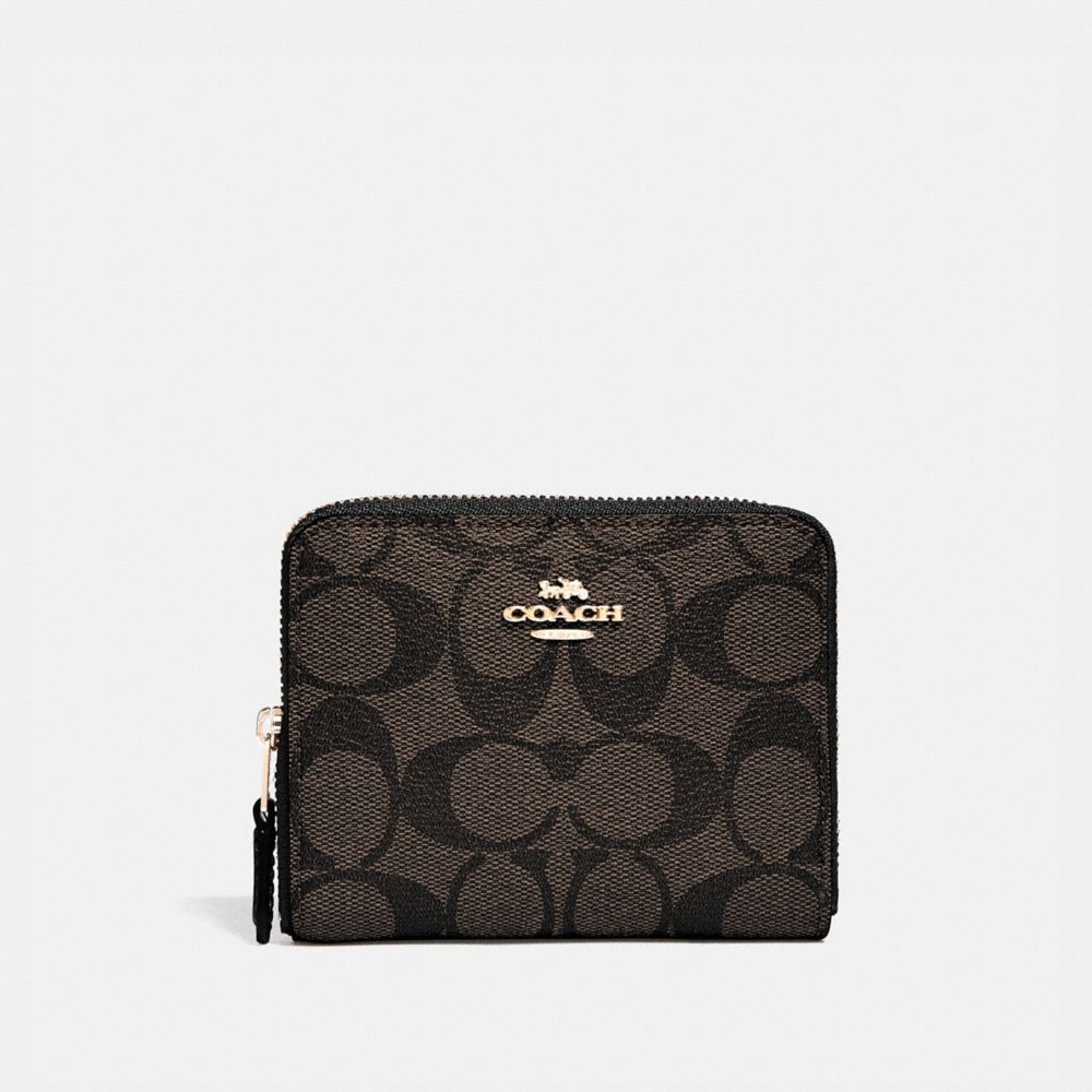 COACH F30308 SMALL ZIP AROUND WALLET IN SIGNATURE CANVAS BROWN/BLACK/LIGHT GOLD