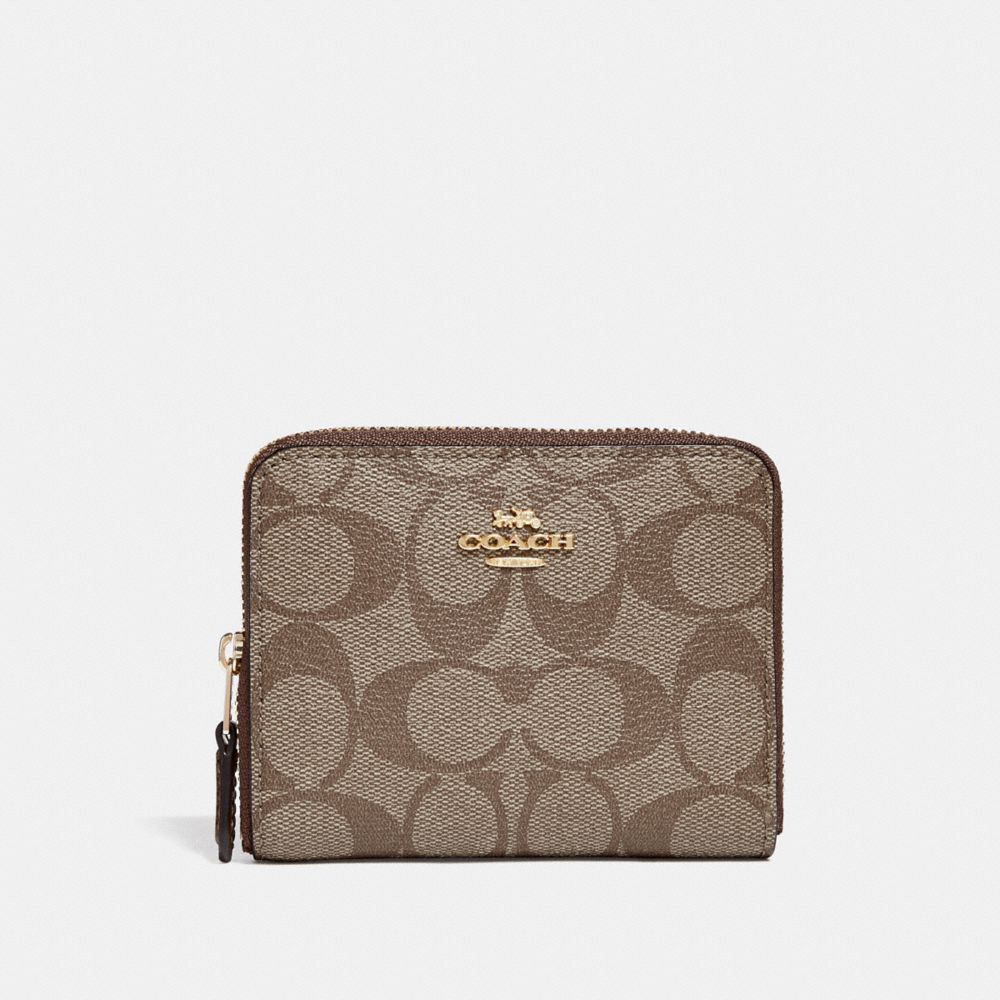 SMALL ZIP AROUND WALLET IN SIGNATURE CANVAS - COACH f30308 - KHAKI/SADDLE 2/IMITATION GOLD