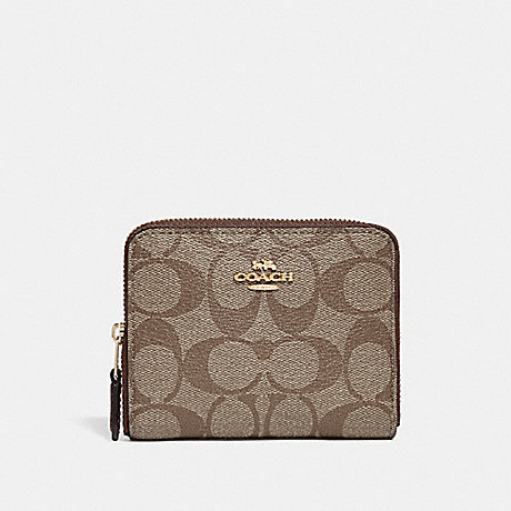 COACH SMALL ZIP AROUND WALLET IN SIGNATURE CANVAS - KHAKI/SADDLE 2/LIGHT GOLD - F30308