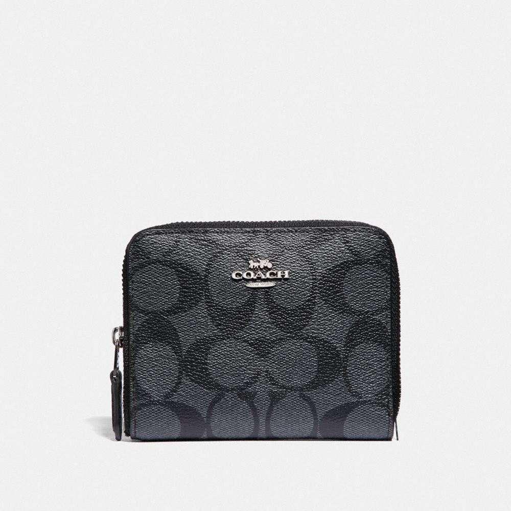 COACH F30308 SMALL ZIP AROUND WALLET IN SIGNATURE CANVAS BLACK-SMOKE/BLACK/SILVER