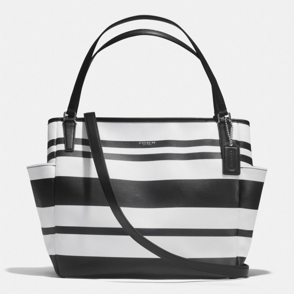 COACH F30343 Striped Coated Canvas Baby Bag Tote SILVER/BLACK/WHITE