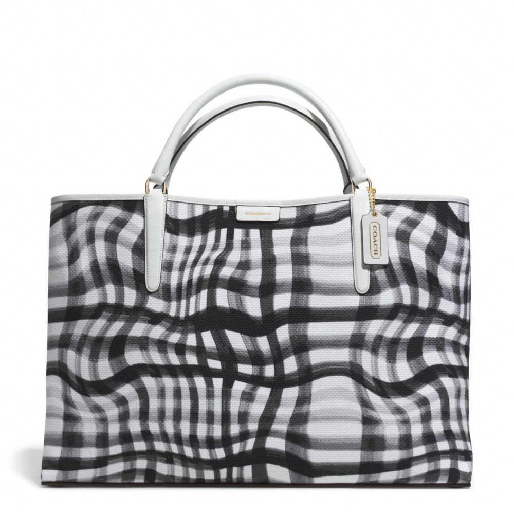 THE LARGE WAVY GINGHAM CANVAS EAST/WEST TOWN TOTE - GOLD/BLACK/WHITE - COACH F30469