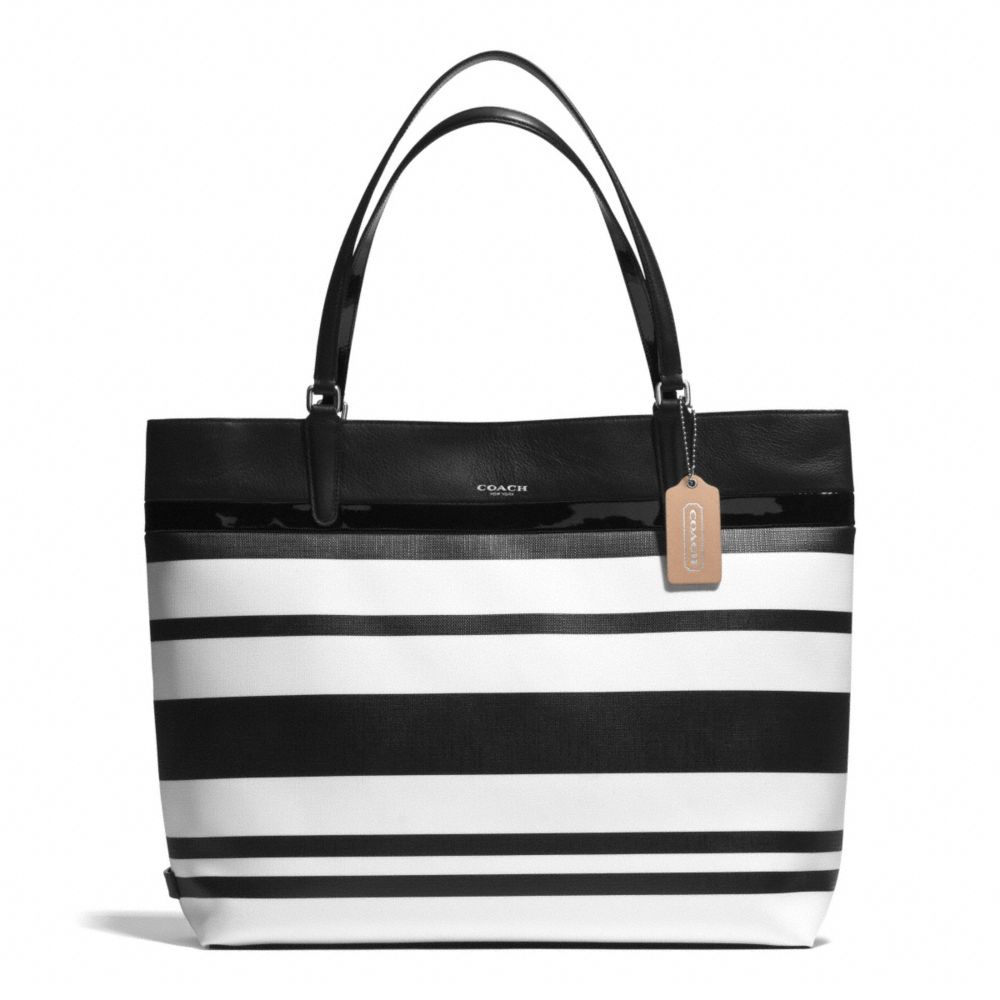 COACH F30511 - STRIPED COATED CANVAS TOTE SILVER/BLACK/WHITE