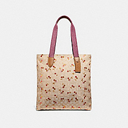 TOTE IN SIGNATURE JACQUARD WITH CHERRY PRINT - f30604 - LIGHT KHAKI/MULTI/SILVER