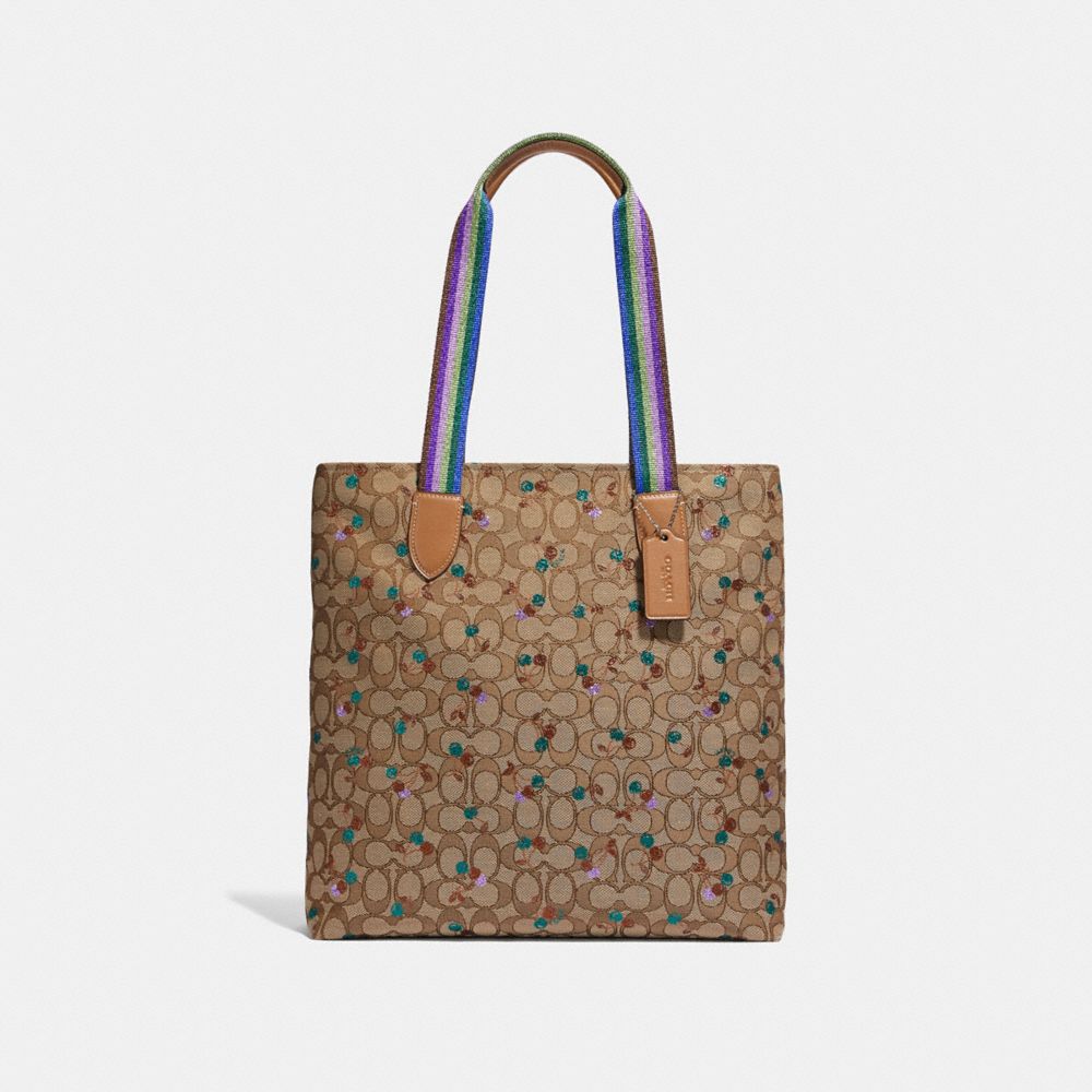 COACH F30604 TOTE IN SIGNATURE JACQUARD WITH CHERRY PRINT KHAKI MULTI /SILVER