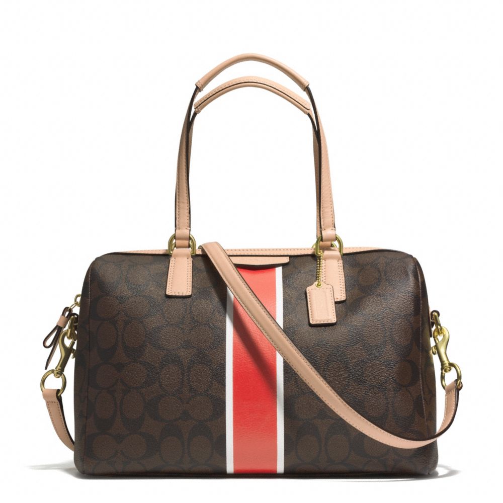 COACH SIGNATURE STRIPE NANCY SATCHEL - BRASS/BROWN/VERMILLION - F30662