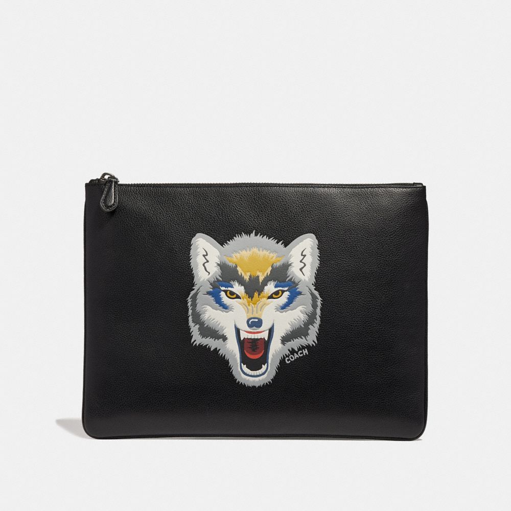 LARGE POUCH WITH WOLF MOTIF - F30679 - BLACK MULTI/BLACK ANTIQUE NICKEL