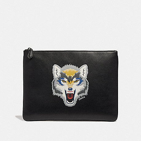 COACH F30679 LARGE POUCH WITH WOLF MOTIF BLACK MULTI/BLACK ANTIQUE NICKEL