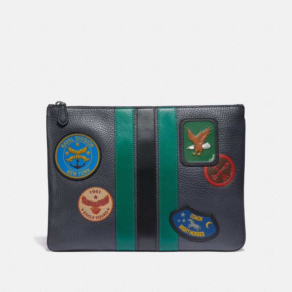 LARGE POUCH WITH VARSITY STRIPE AND MILITARY PATCHES - MIDNIGHT NAVY/BLACK ANTIQUE NICKEL - COACH F30778