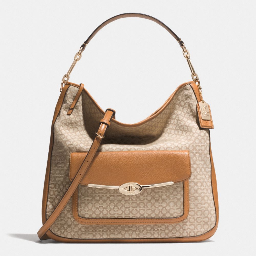 COACH f30784 MADISON OP ART NEEDLEPOINT FABRIC HOBO LIGHT GOLD/KHAKI/BURNT CAMEL