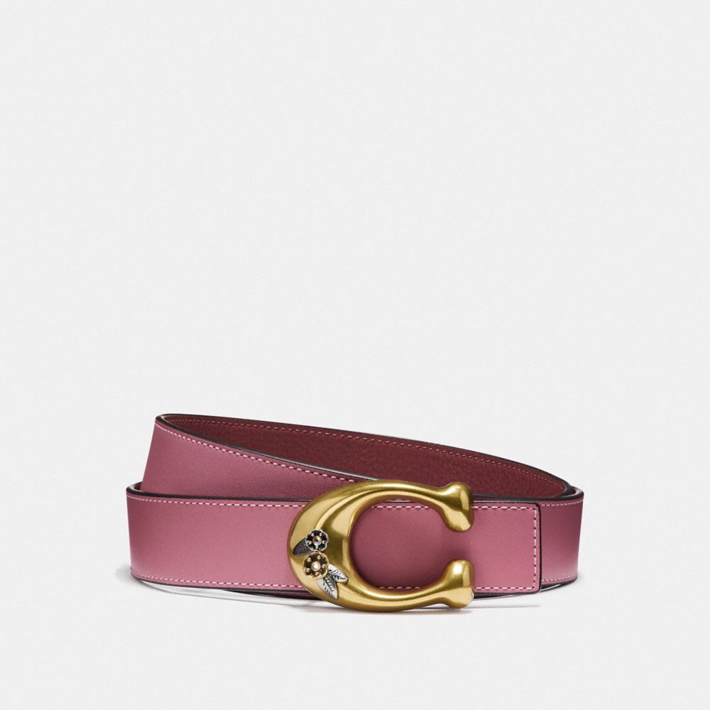 COACH TEA ROSE SIGNATURE BUCKLE REVERSIBLE BELT, 32MM - ROSE/WINE BRASS - F30921