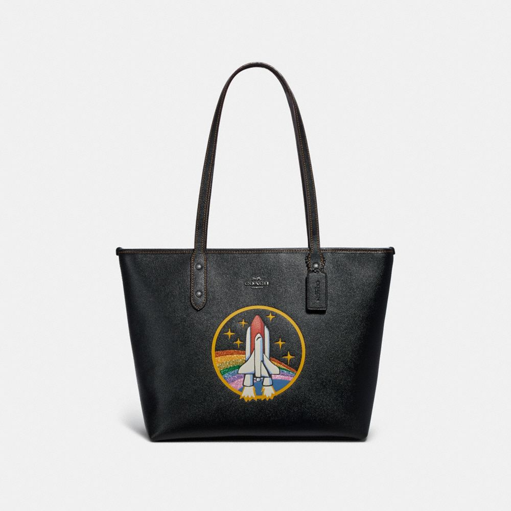 CITY ZIP TOTE WITH SPACE ROCKET MOTIF - f30995 - ANTIQUE NICKEL/BLACK