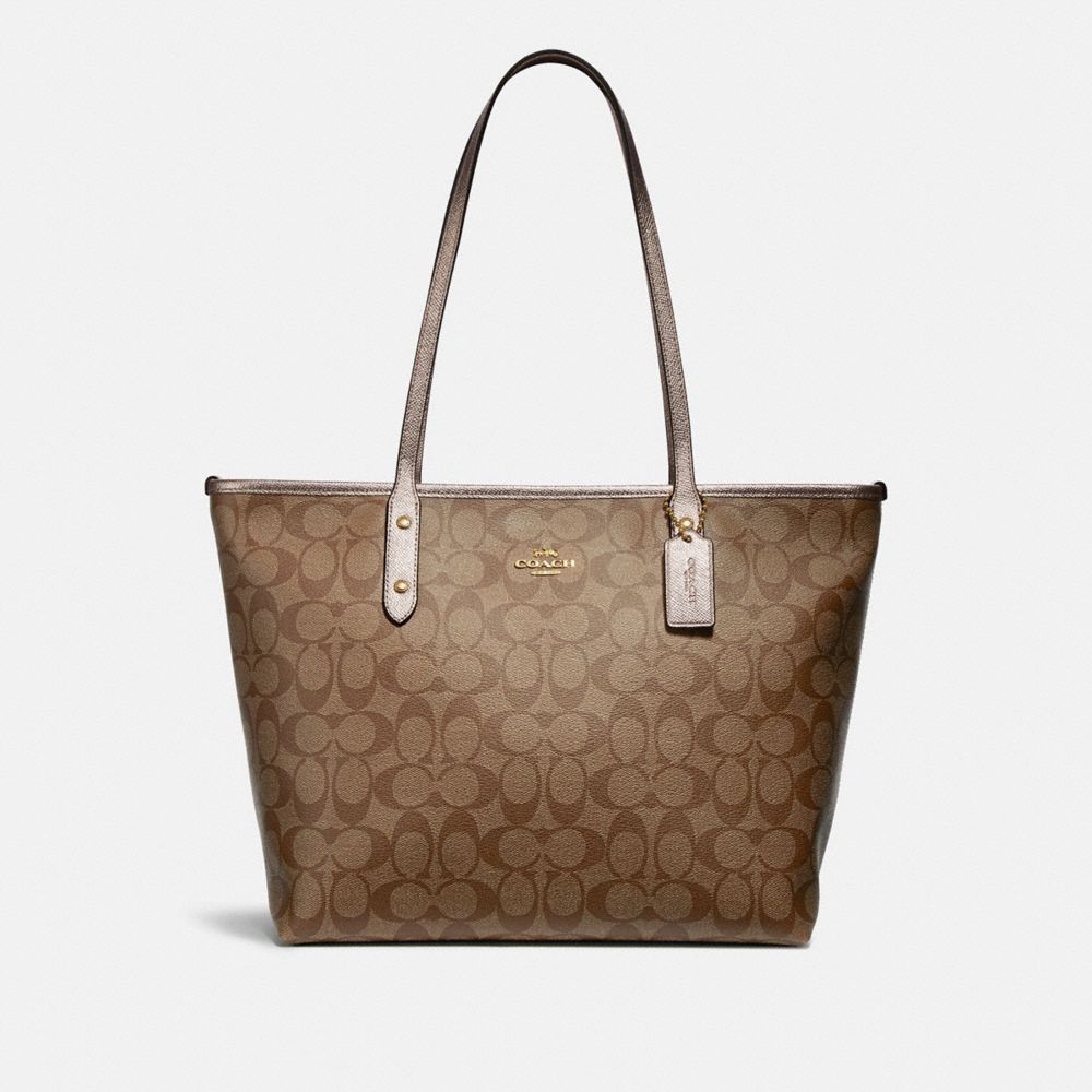 COACH CITY ZIP TOTE IN SIGNATURE CANVAS - khaki/platinum/light gold - f31158