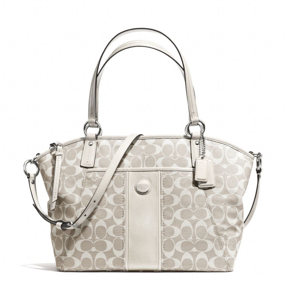 COACH f31161 SIGNATURE STRIPE POCKET TOTE SILVER/LIGHT KHAKI/PARCHMENT