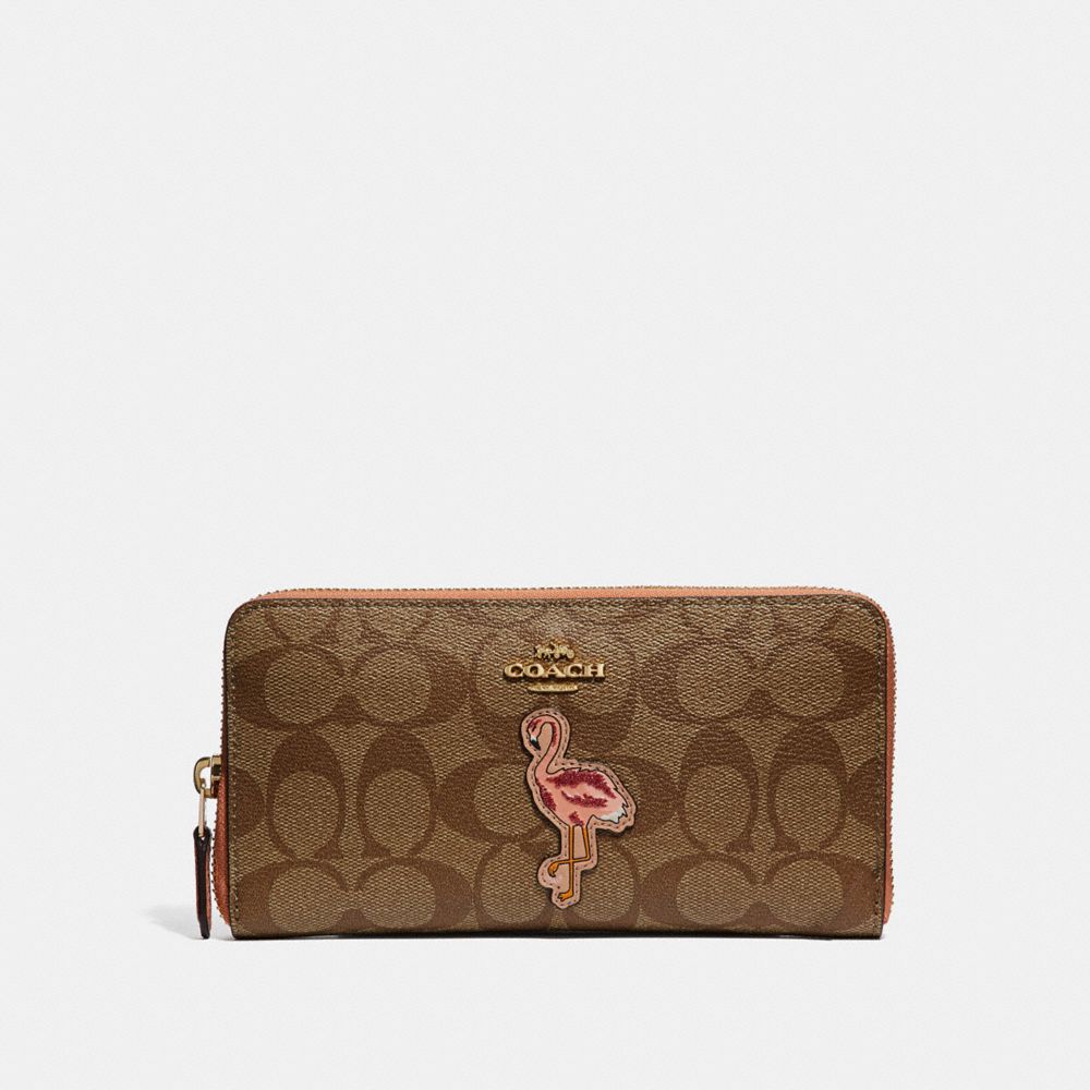 COACH f31166 ACCORDION ZIP WALLET IN SIGNATURE CANVAS WITH FLAMINGO MOTIF khaki/multi/imitation gold