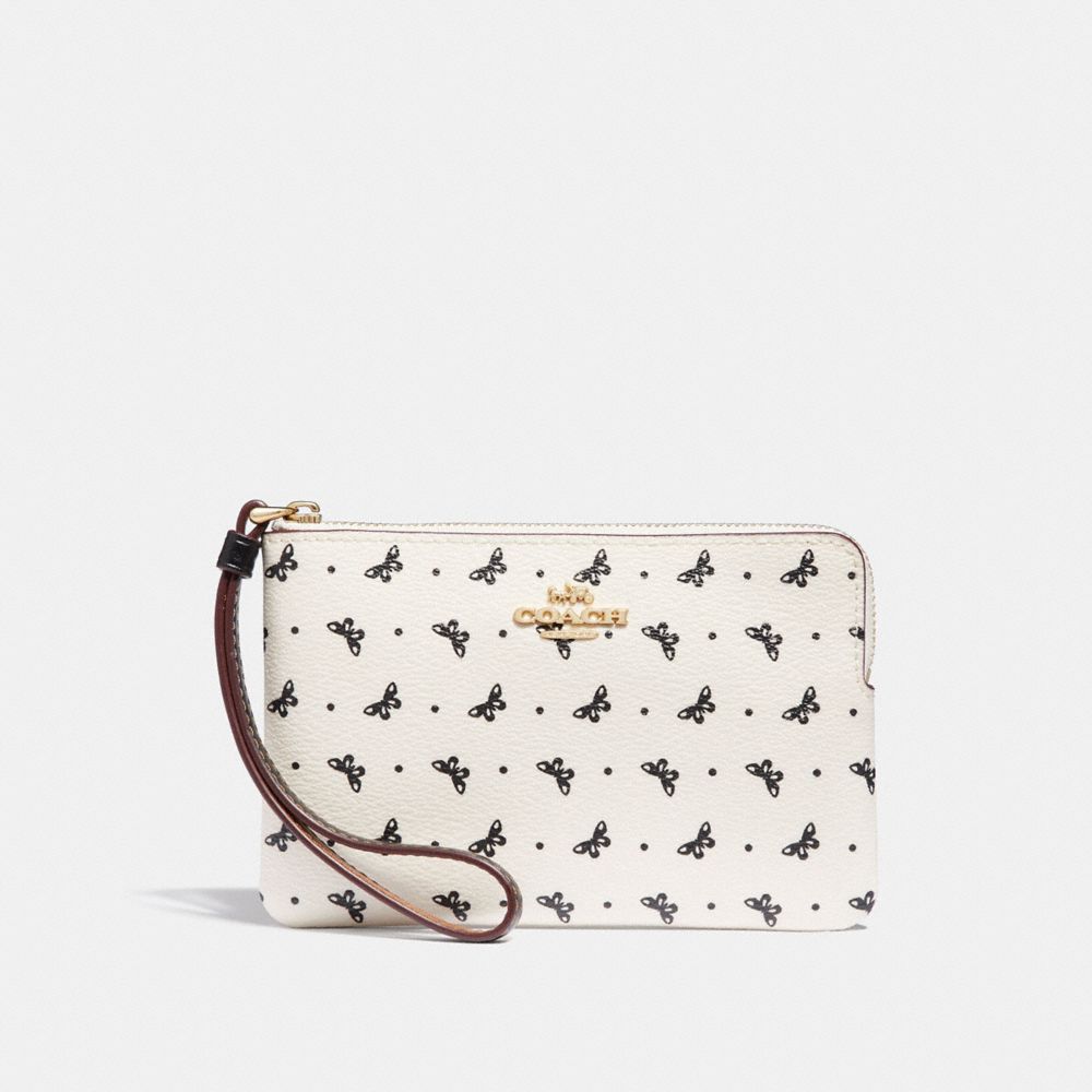 COACH F31244 Corner Zip Wristlet With Butterfly Dot Print CHALK/BLACK/LIGHT GOLD