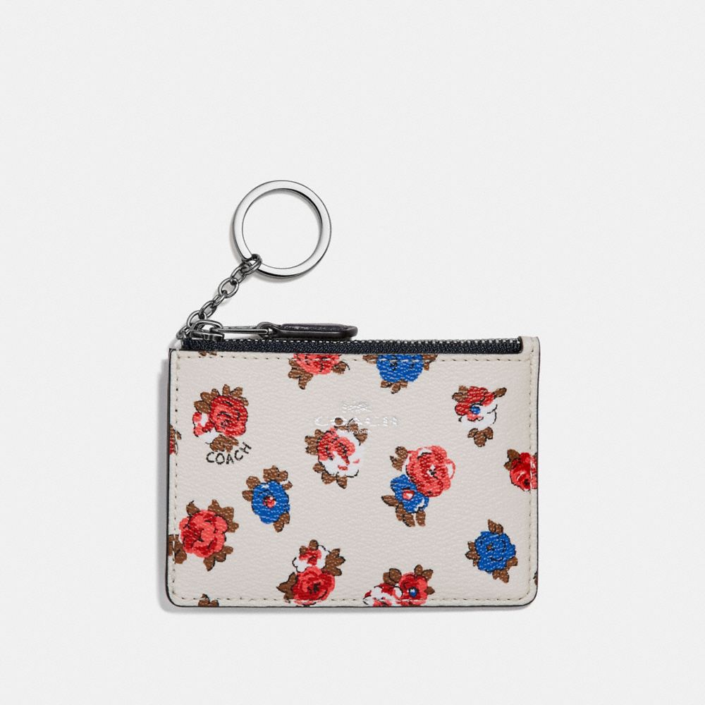 COACH F31247 MINI SKINNY ID CASE WITH TEA ROSE FLORAL PRINT CHALK MULTI/SILVER