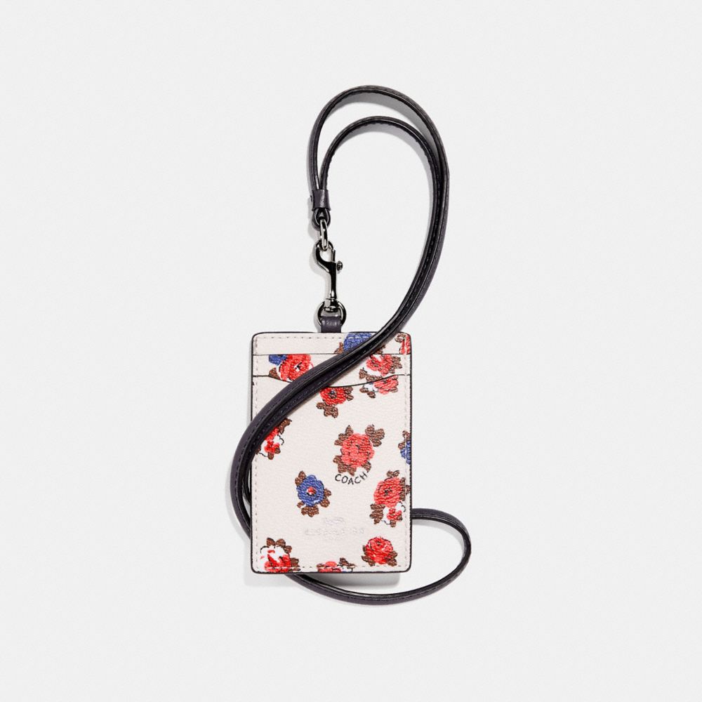 ID LANYARD WITH TEA ROSE FLORAL PRINT - COACH f31248 - CHALK MULTI/SILVER
