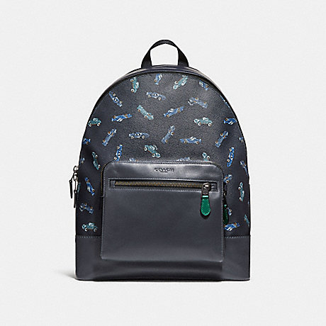 COACH F31269 WEST BACKPACK WITH CAR PRINT MIDNIGHT-NAVY-MULTI/BLACK-ANTIQUE-NICKEL