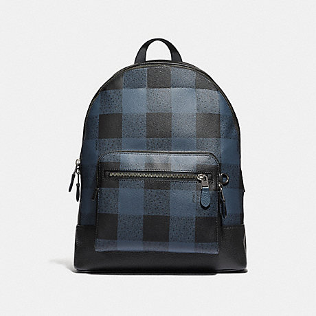 COACH f31291 WEST BACKPACK WITH BUFFALO CHECK PRINT BLUE MULTI/BLACK ANTIQUE NICKEL