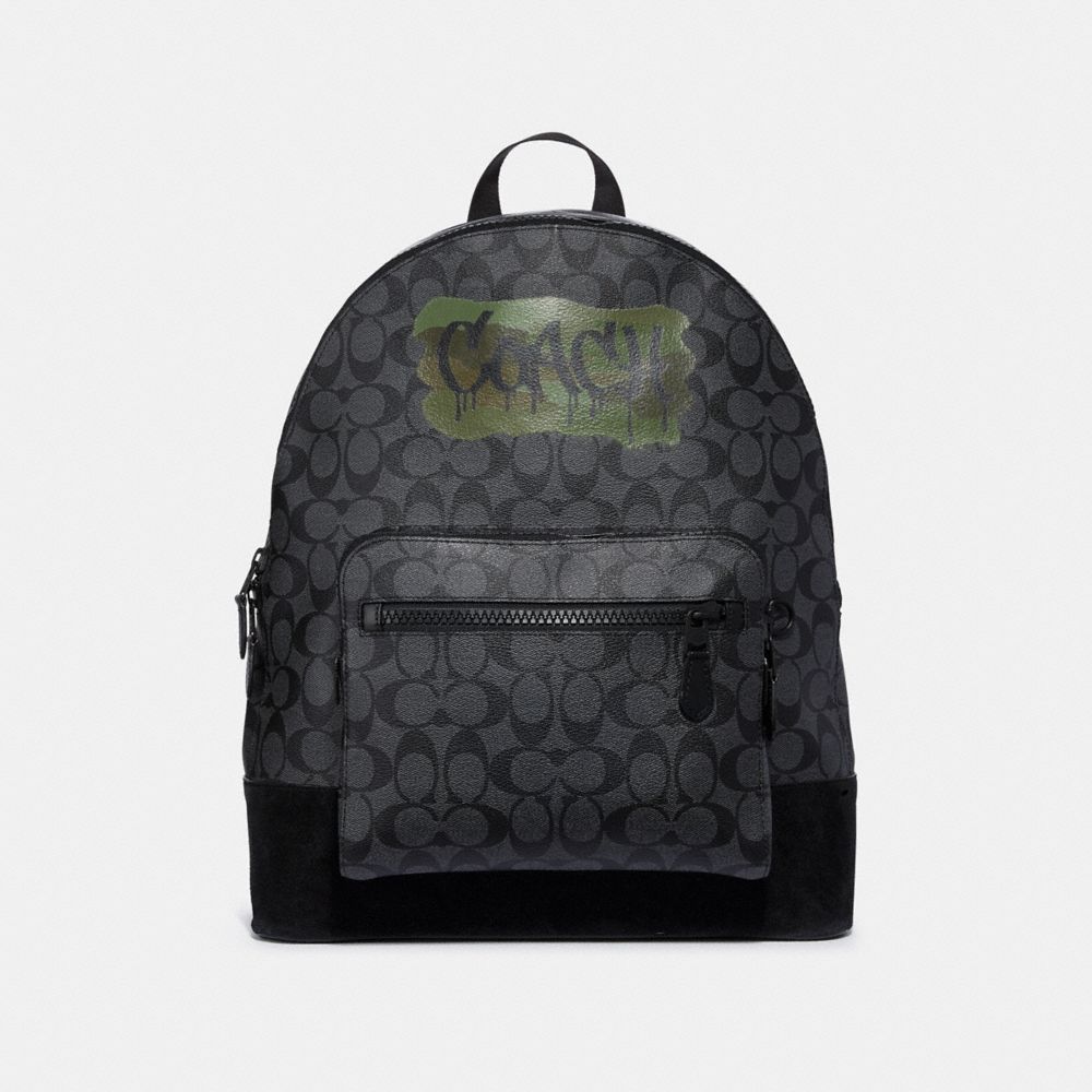 WEST BACKPACK IN SIGNATURE CANVAS WITH GRAFFITI - f31295 - Charcoal/Black/matte black